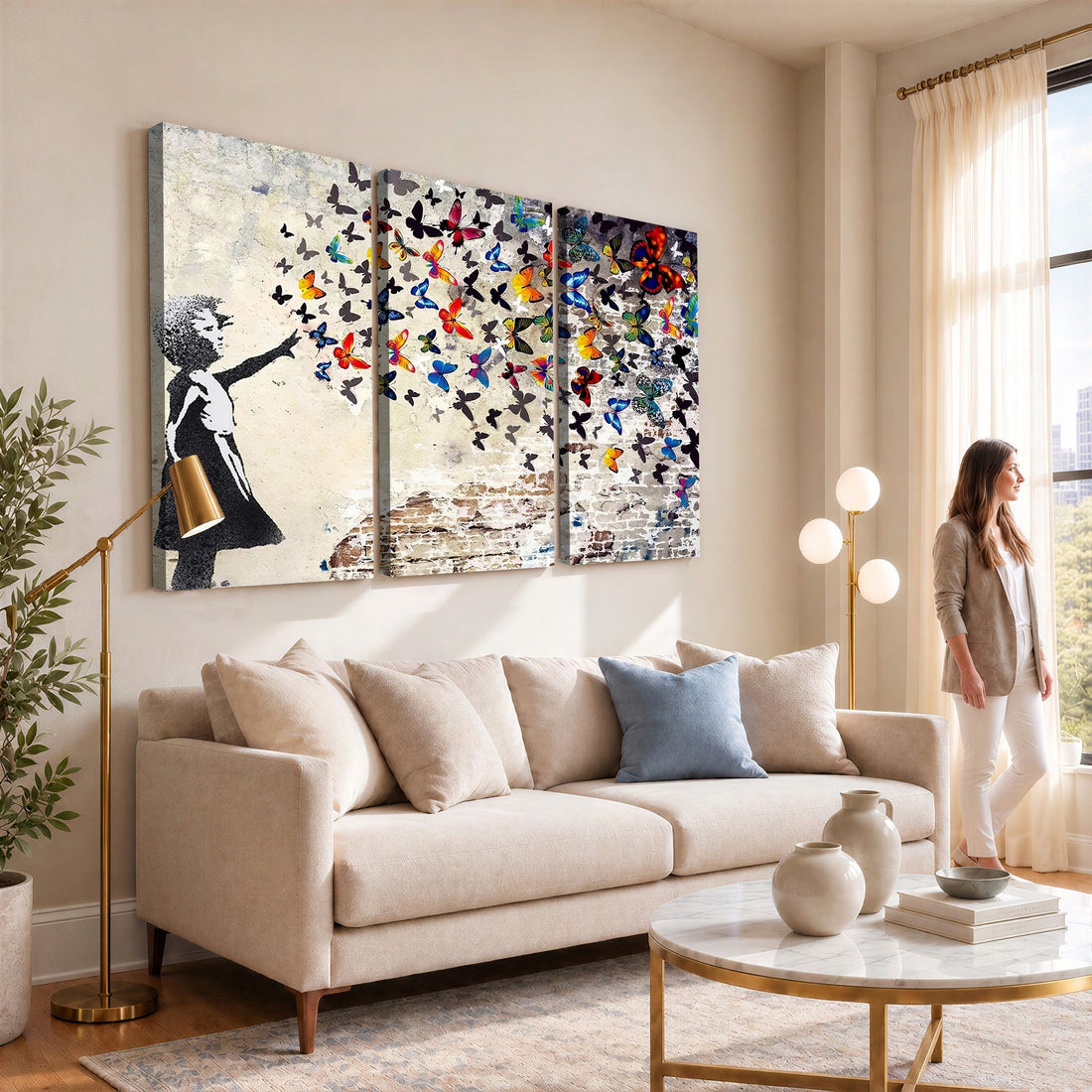 Banksy Graffiti Wall Art Canvas Print, Girl Releasing Vibrant Butterflies