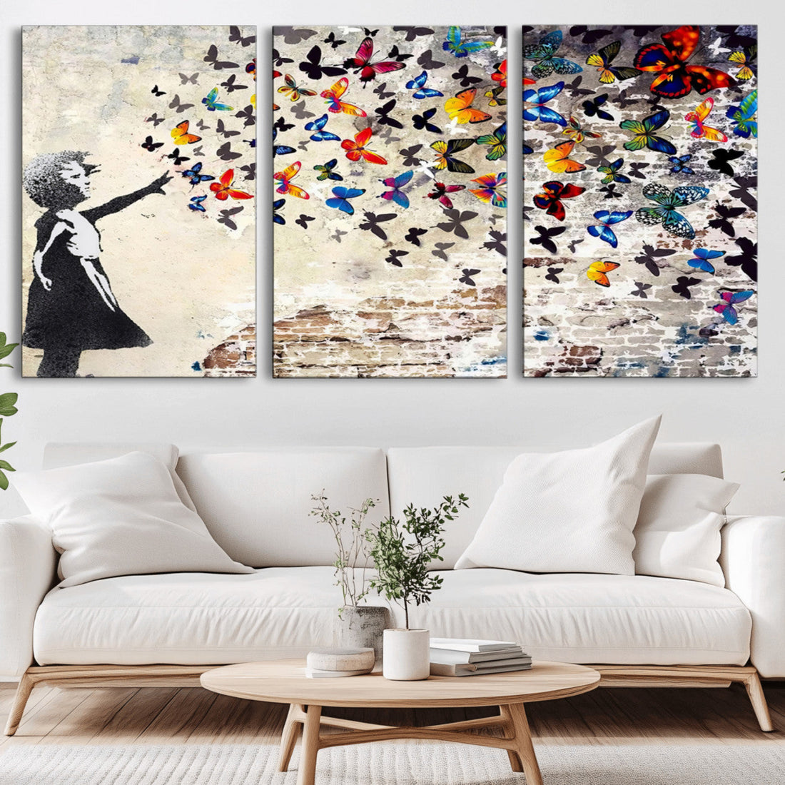 Banksy Graffiti Wall Art Canvas Print, Girl Releasing Vibrant Butterflies