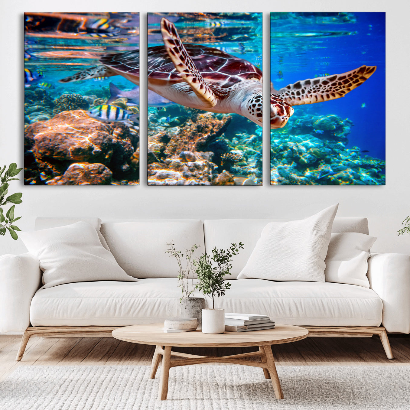 -Underwater Coral Reef Sea Turtle Wall Art Canvas Print, Vibrant Marine Life | Colorful Ocean Scene