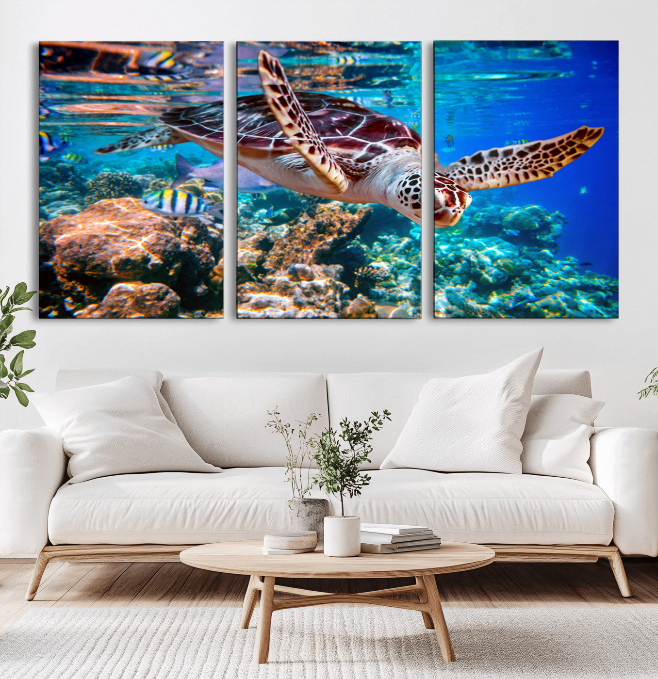 -Underwater Coral Reef Sea Turtle Wall Art Canvas Print, Vibrant Marine Life | Colorful Ocean Scene