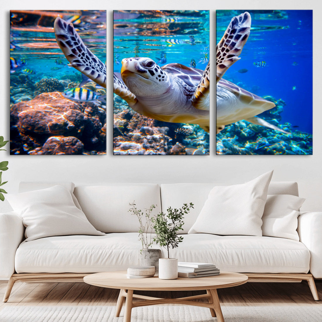 Underwater Sea Turtle Wall Art Canvas Print, Vibrant Ocean Coral Reef Decor