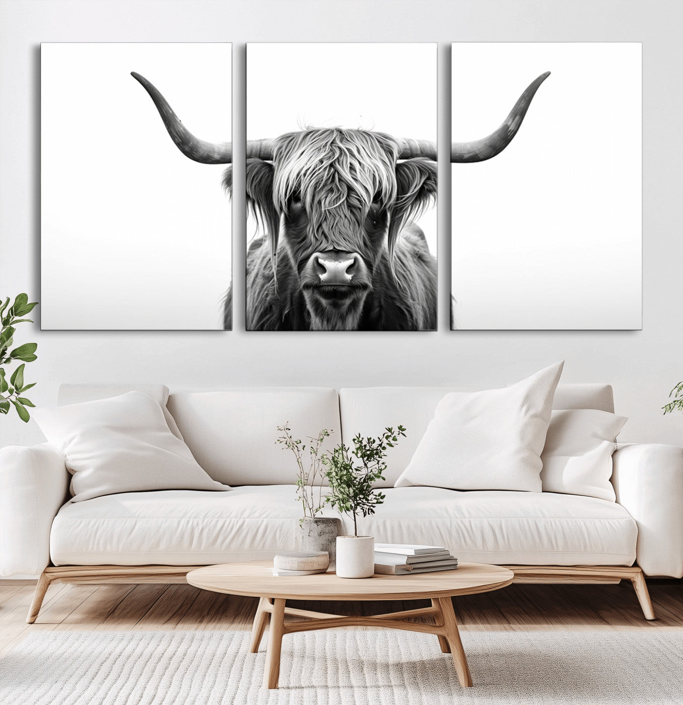 -Highland Wall Art Canvas Print – Minimalist Black and White Farmhouse Décor, Ready to Hang