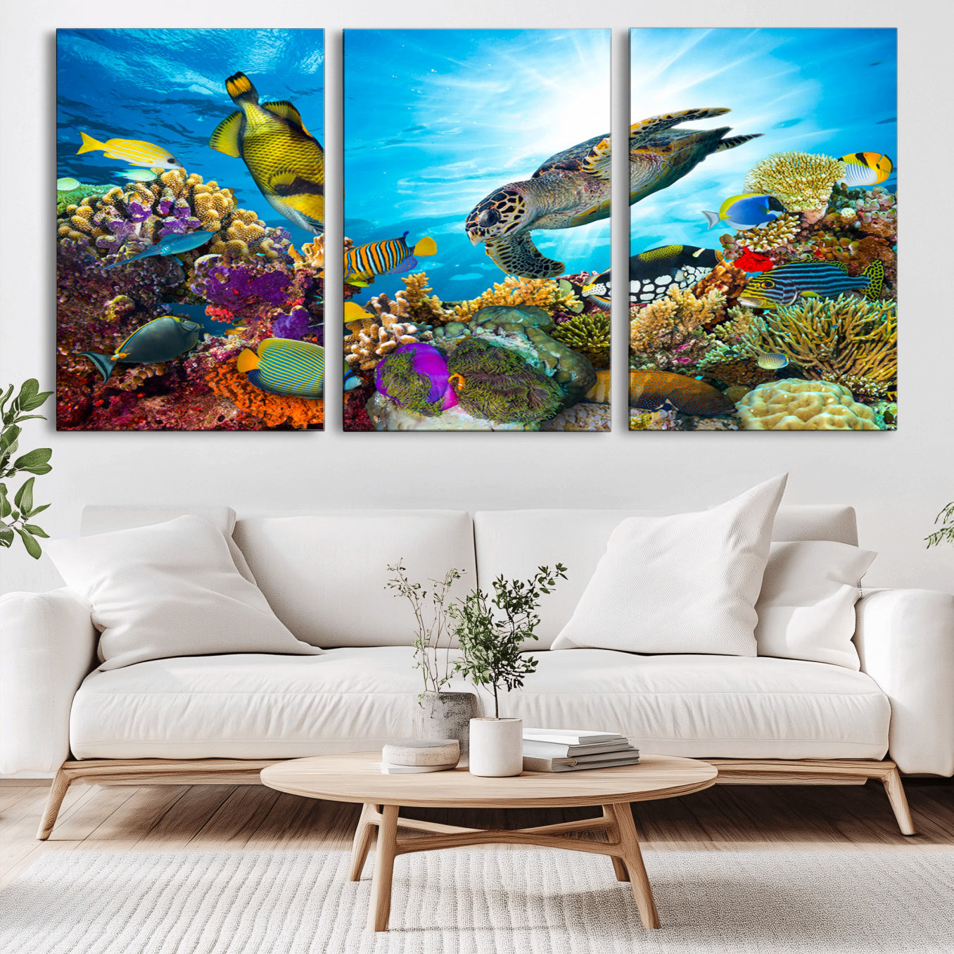 -Colorful Coral Reef and Sea Life Turtle Canvas Print, Underwater Tropical Ocean Wall Art for Home