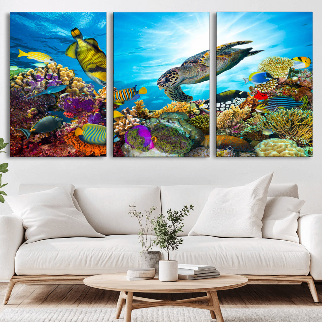 Colorful Coral Reef and Sea Life Turtle Canvas Print, Underwater Tropical Ocean Wall Art