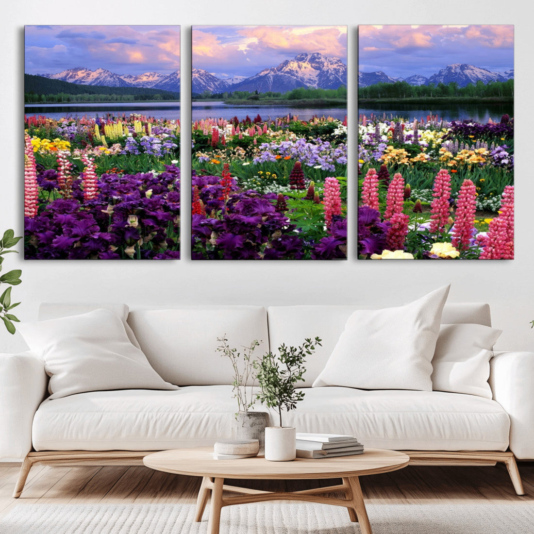Vibrant Wildflower Garden and Mountain View Giclee Canvas Print, Floral Wall Art for Living Room