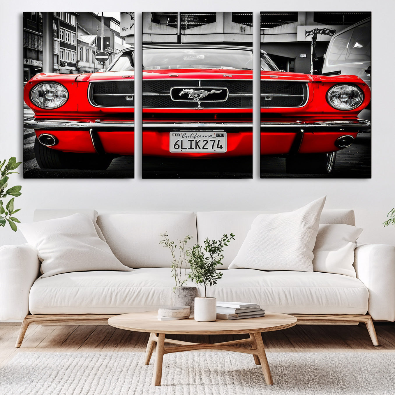 20365-MGV-CV-48X32-3P-Red Mustang Car Wall Art – Framed Classic Vehicle Canvas Artwork, Black White Urban Design, Decor for Home, Office