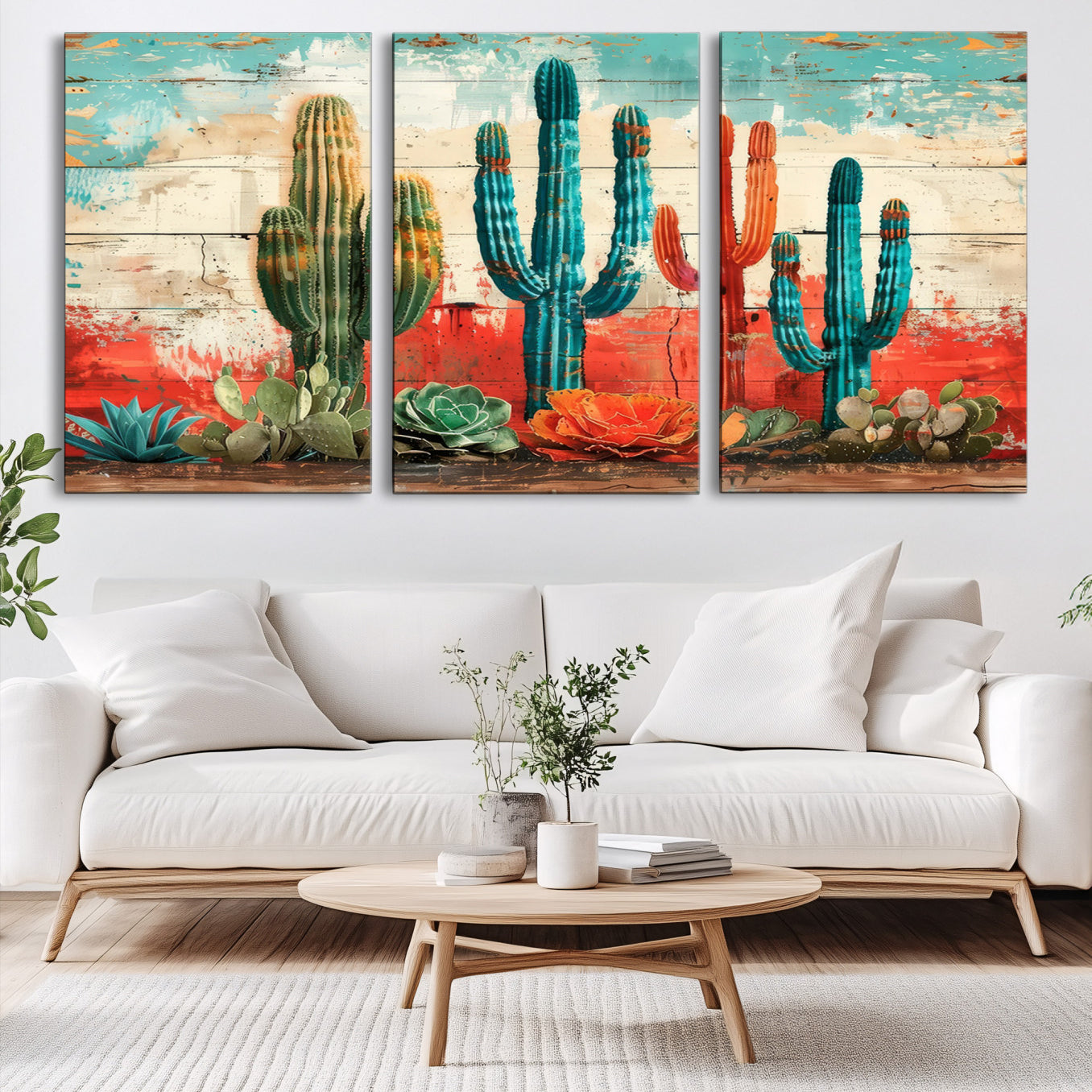 A vivid southwestern-style artwork featuring an eclectic mix of cacti and succulents painted against a textured, rustic wood backdrop in rich turquoise, red, and orange hues.