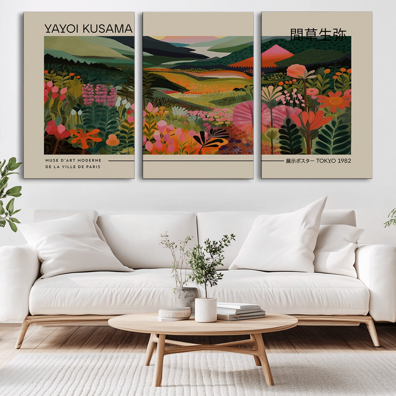 -Yayoi Kusama Landscape Canvas Print, Vibrant Floral Mountain Art Print, Botanical Flower Nature