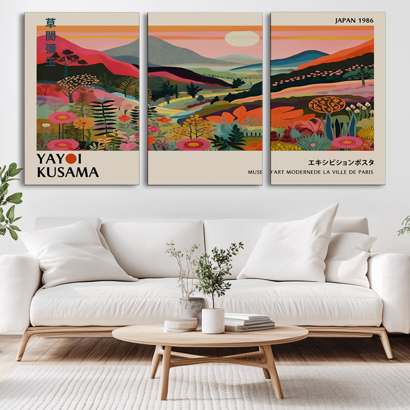 -Yayoi Kusama Landscape Canvas Print, Vibrant Floral Mountain Art Print, Botanical Flower Nature