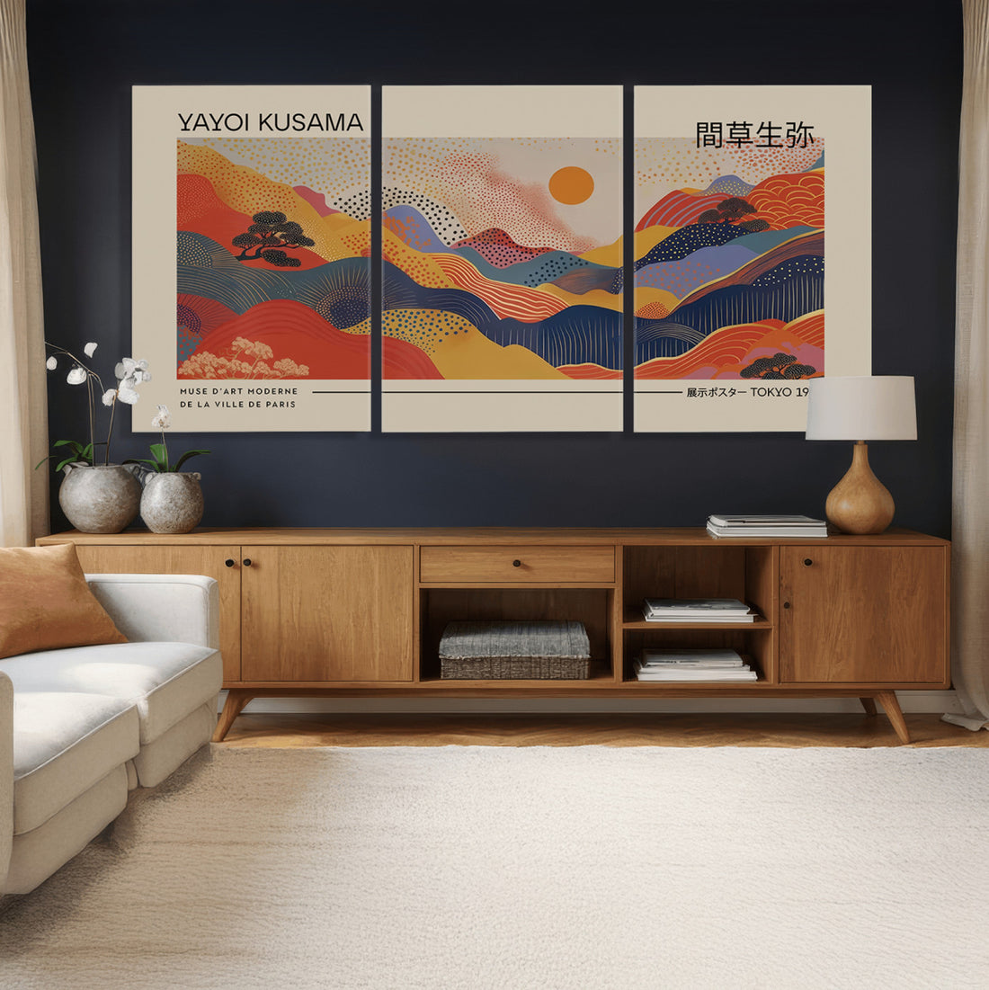 Yayoi Kusama Landscape Canvas Print, Vibrant Floral Mountain Art, Botanical Sunset Scenery