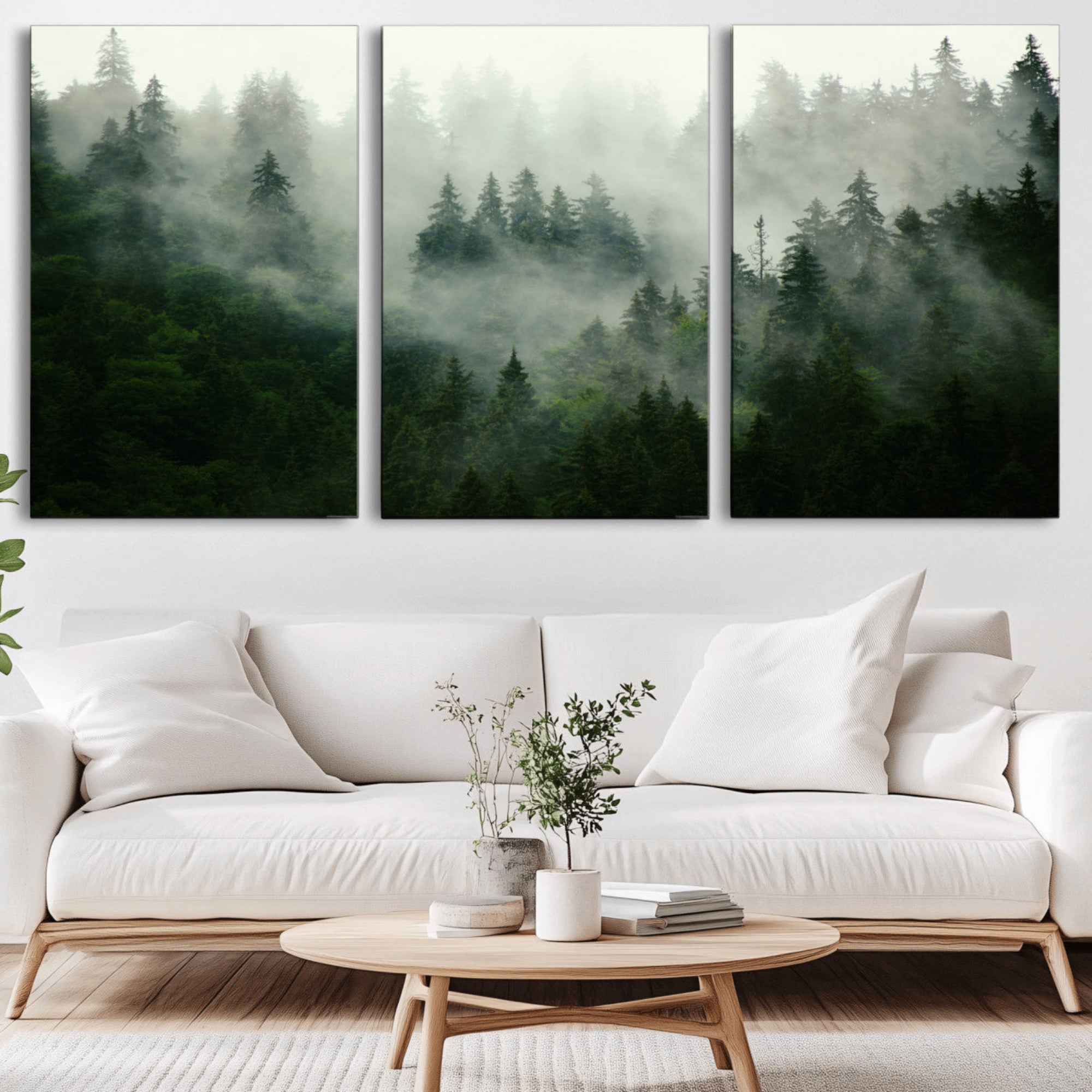 167720496-MGV-CV-36X24-Foggy Forest Wall Art – Tranquil Green Woodland Canvas Print, Serene Nature Landscape Decor for Home or Office