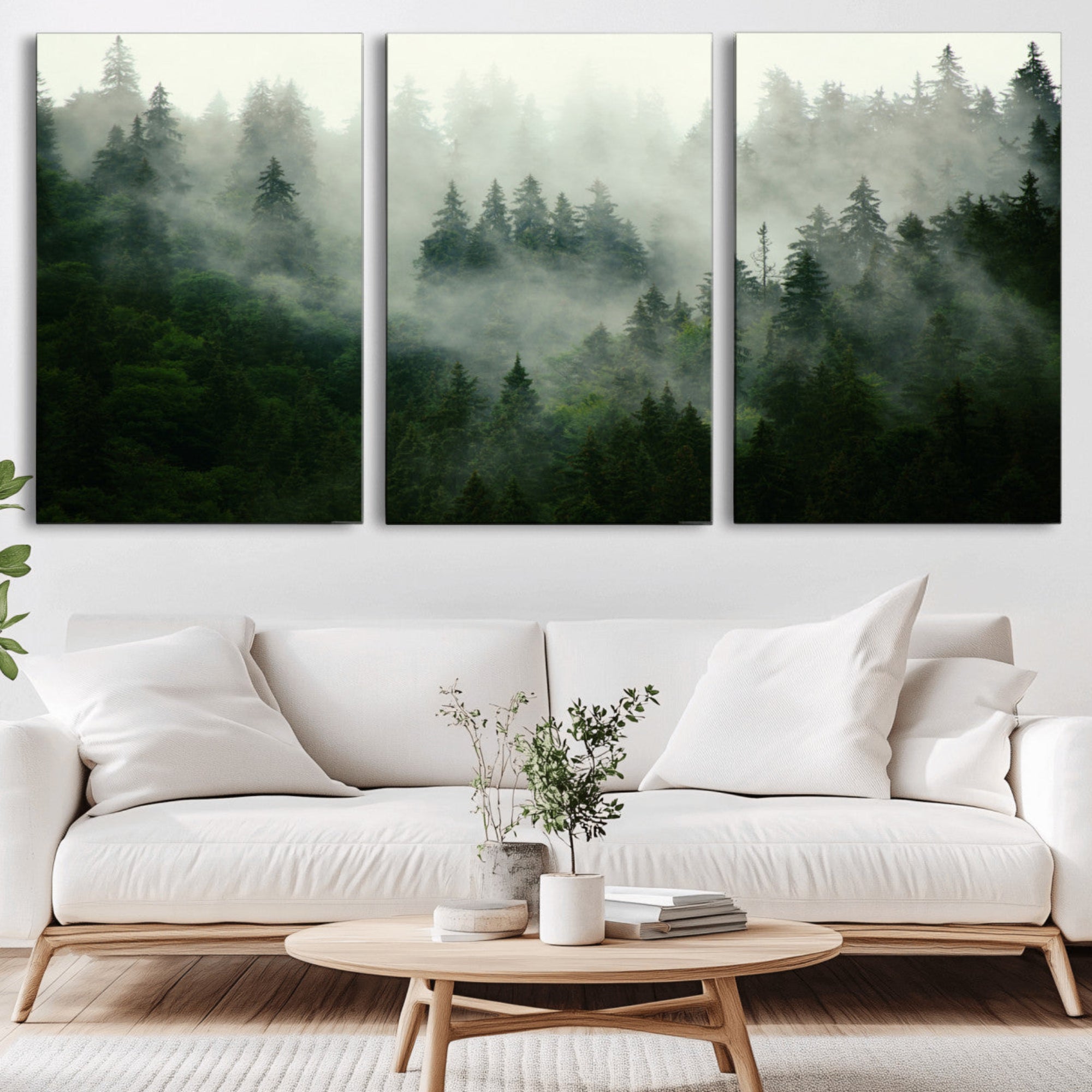 167720496-MGV-CV-36X24-Misty Forest Wall Art – Tranquil Green Woodland Canvas Print, Nature Landscape Decor for Living Room, Bedroom or Office