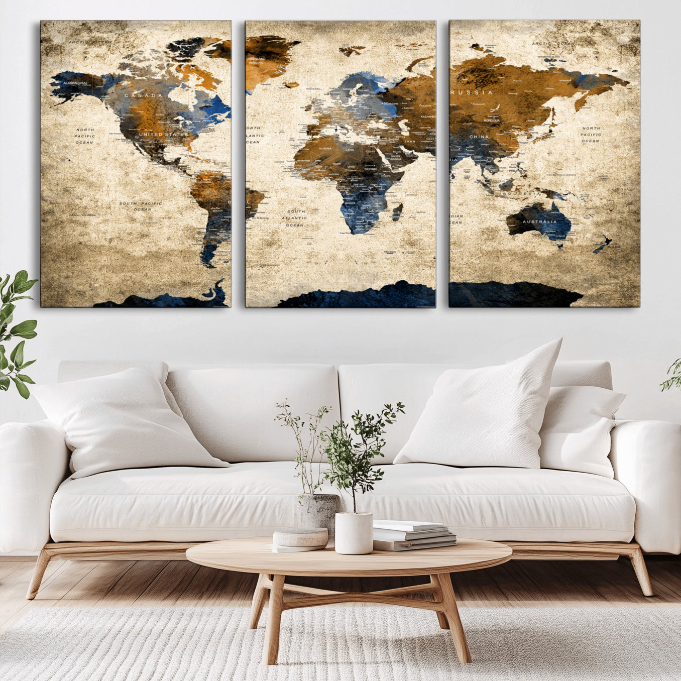 51140-MGV-CV-36X24-World Map Wall Art – Antique Style Blue and Brown Map Canvas Print, Classic Travel Wall Decor for Home Office or Study Room