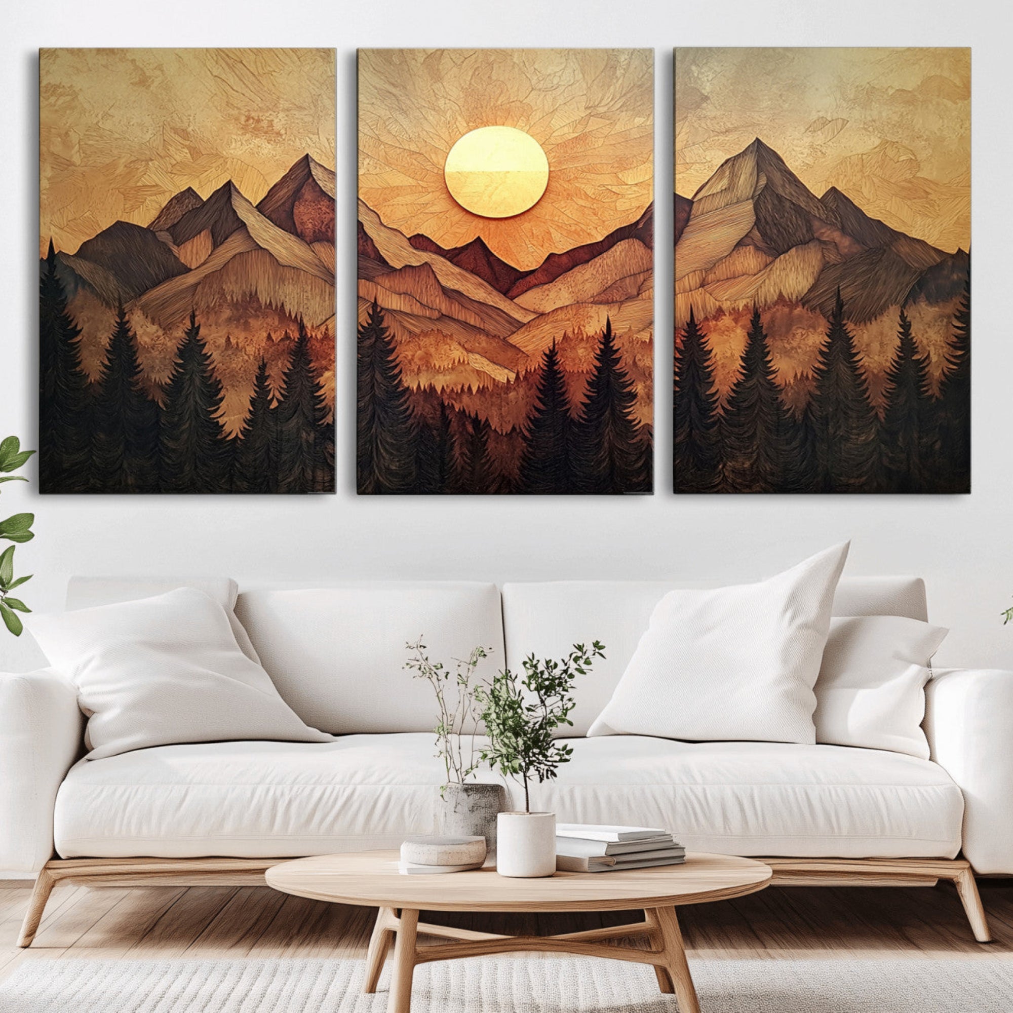 71340-MGV-CV-36X24-Wood Style Abstract Mountain Sunset Canvas Wall Art Print - Warm Earth Nature-Inspired Decor for