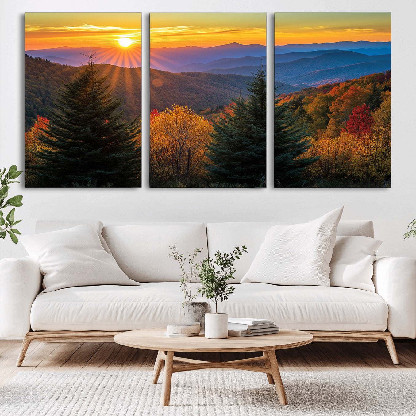 -Golden Sunset Over Mountain Forest Canvas Wall Art Print - Warm Nature-Inspired Landscape for Living