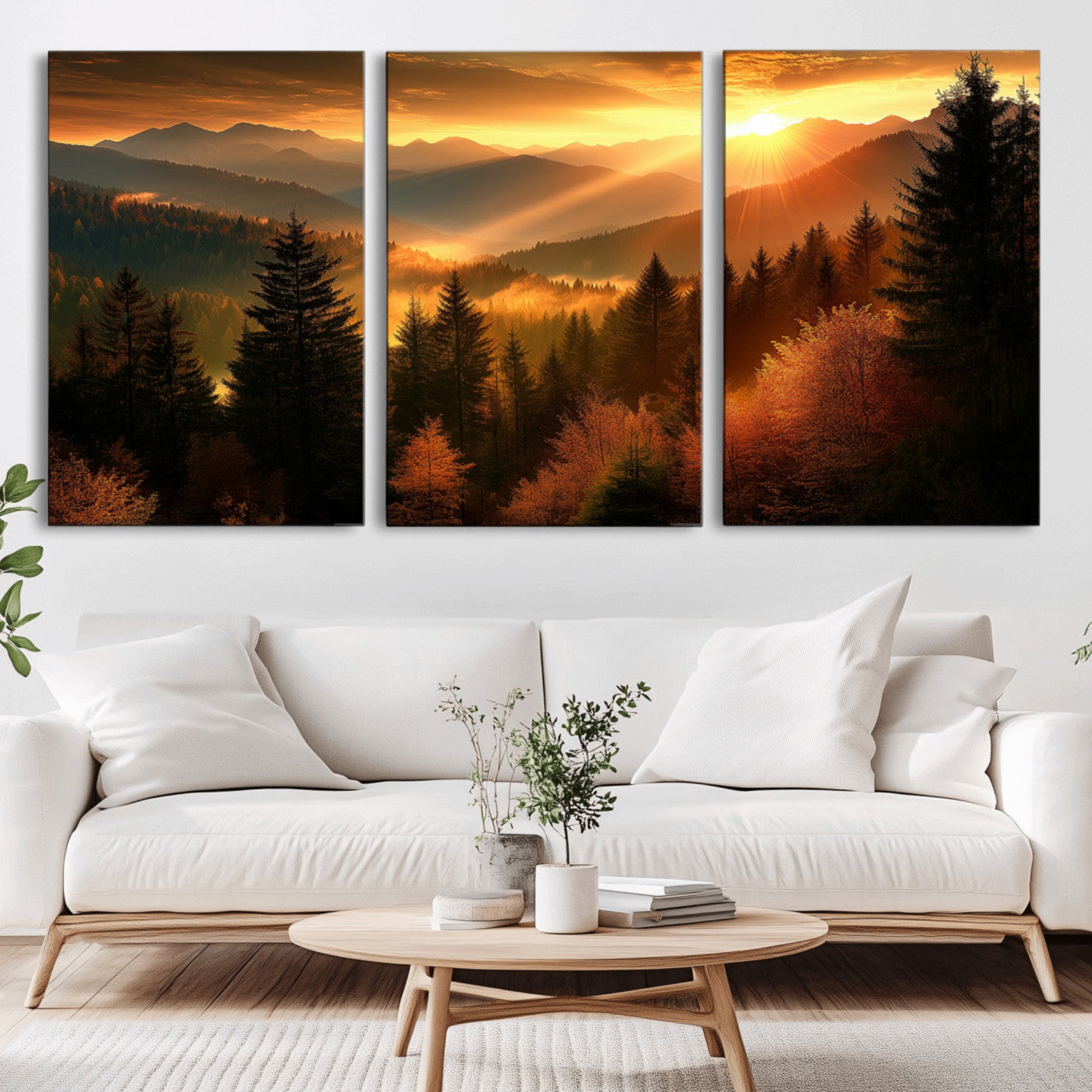42606-MGV-CV-36X24-Golden Sunset Over Mountain Forest Canvas Wall Art Print - Warm Nature Landscape Print