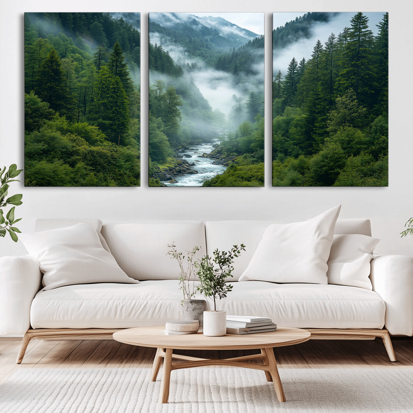 -Mountain Forest River Canvas Wall Art Print - Serene Nature Landscape for Living Room, Office, or