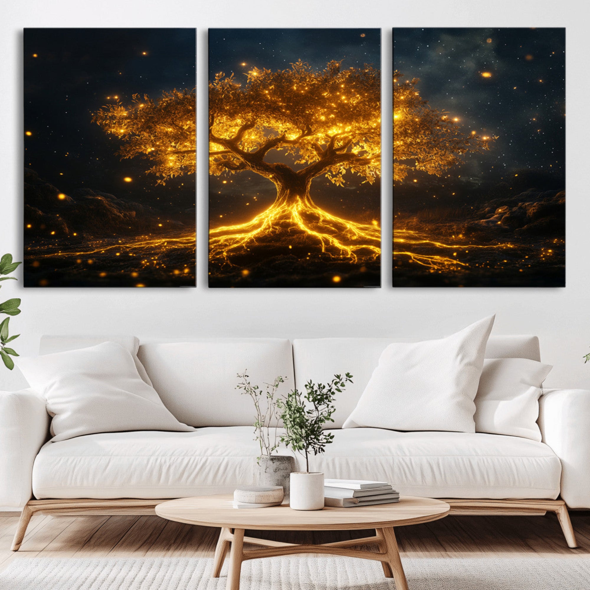 60194-MGV-CV-36X24-Golden Tree of Life Canvas Wall Art Print - Majestic Glowing Tree Design for Living Room, Office, or