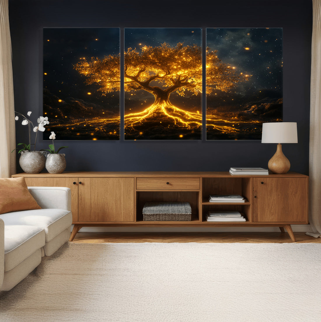 Golden Tree of Life Canvas Wall Art Print, Majestic Glowing Tree Design, Nature Inspired Wall Decor