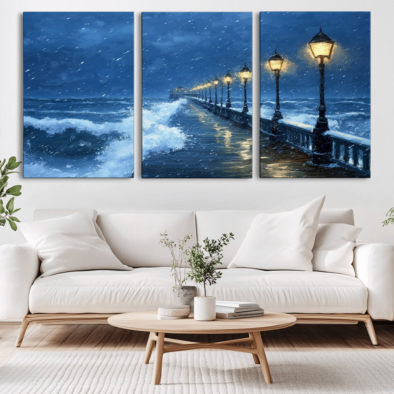 32668-MGV-CV-36X24-Stormy Ocean Pier Lights Canvas Wall Art Print - Large Moody Night Scene for Living Room, or Office,