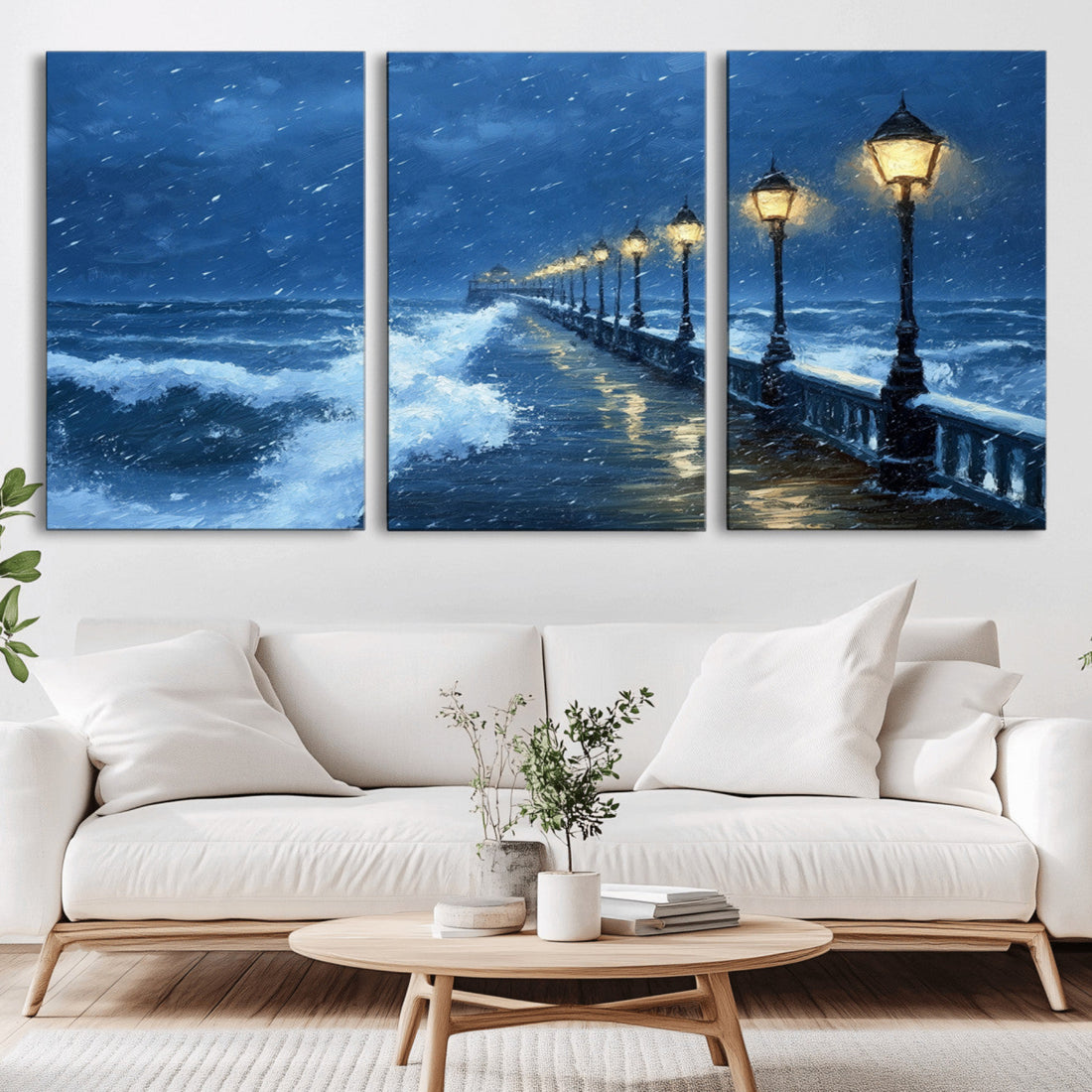 Stormy Ocean Pier Lights Canvas Wall Art Print, Large Moody Night Scene, Modern Seaside Decor