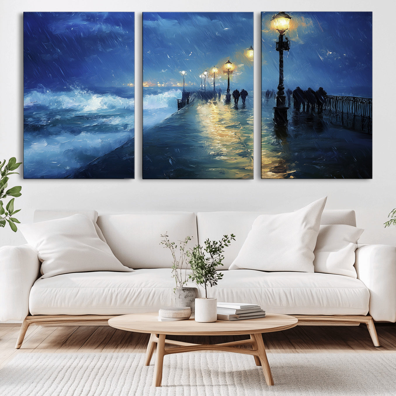 76572-MGV-CV-36X24-Abstract Stormy Ocean Pier Canvas Wall Art Print | Stormy Ocean Art | Large Moody Night Scene Print,
