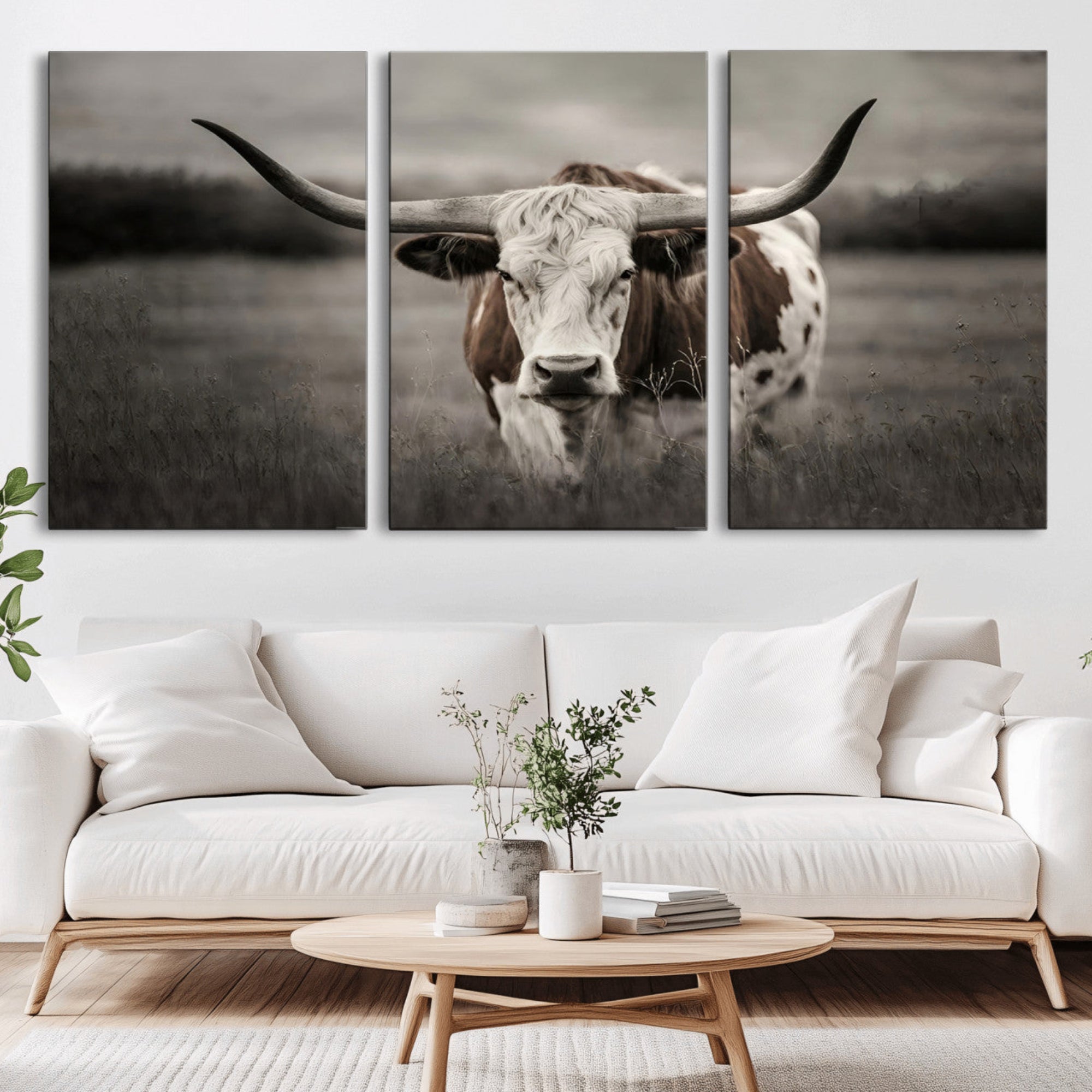 69238-MGV-CV-36X24-Texas Longhorn Cow Canvas Wall Art Print - Large Rustic Longhorn Art for Living Room, Western Wall