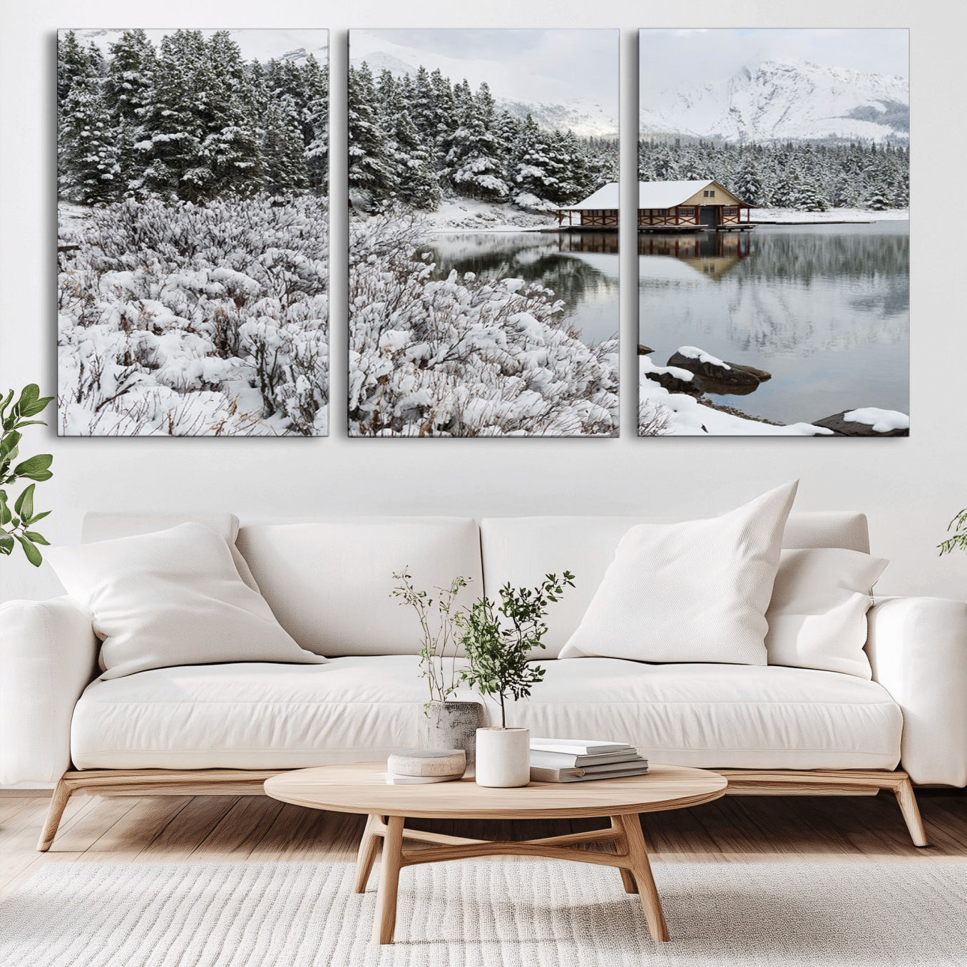 -Winter Wall Art - Cabin by the Lake Canvas Wall Art - Serene Snowy Landscape with Mountain View,