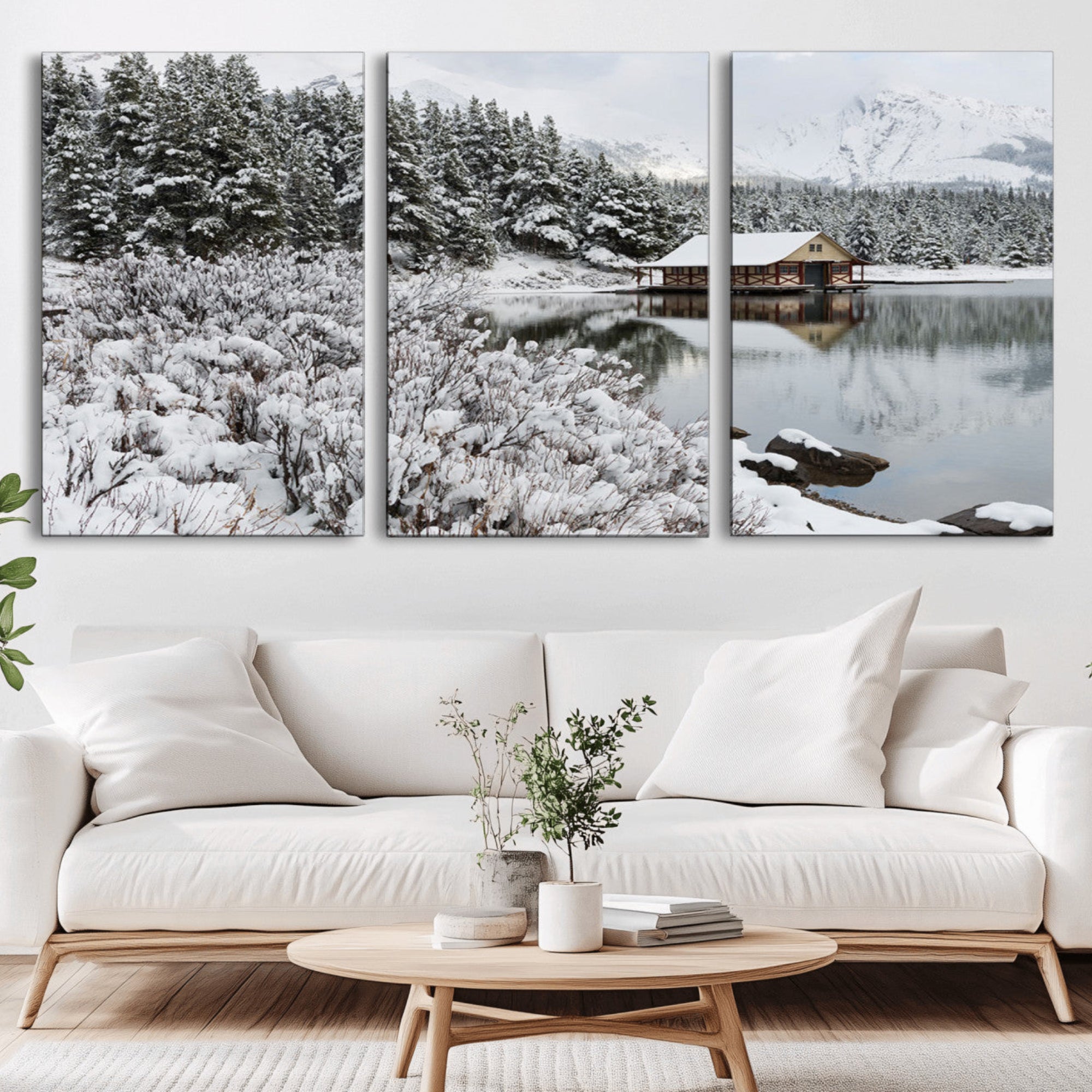 94285-MGV-CV-36X24-Winter Wall Art - Cabin by the Lake Canvas Wall Art - Serene Snowy Landscape with Mountain View,