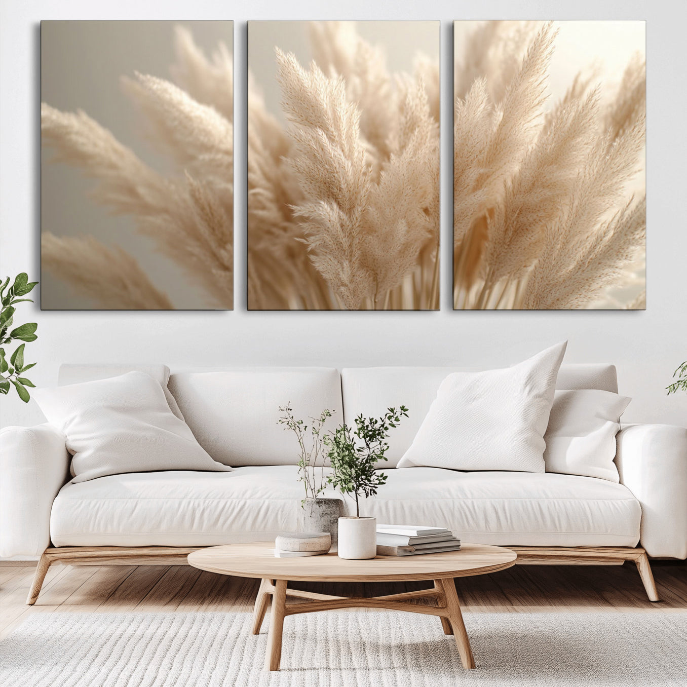 -Pampas Grass Canvas Wall Art - Elegant Neutral Decor for Living Room, Boho Minimalist Artwork, Ready