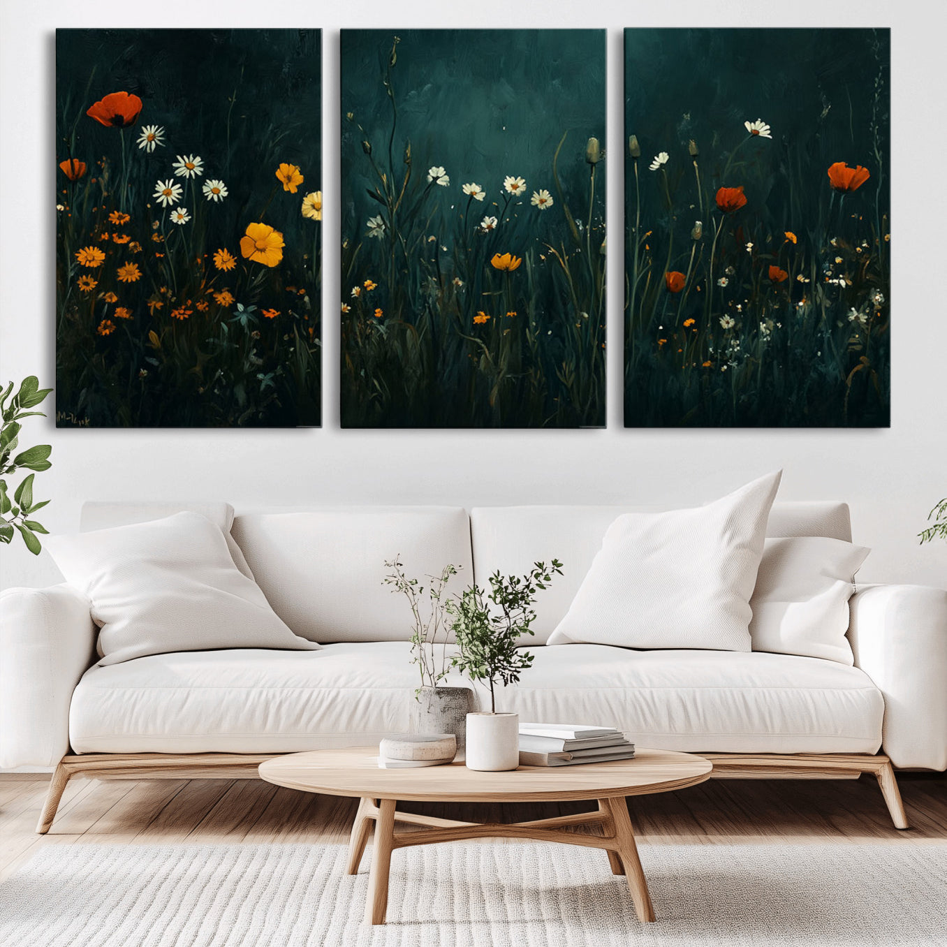 MGV-CV-60X30-3P - Framed Wildflower Field Wall Art, Framed Vintage Botanical Landscape Sign, Floral Decor, Modern
