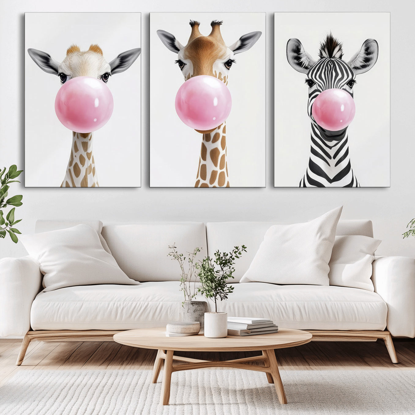-Bubblegum Animals Canvas Wall Art - Playful Giraffe and Zebra Trio, Fun Nursery Decor for Kids'