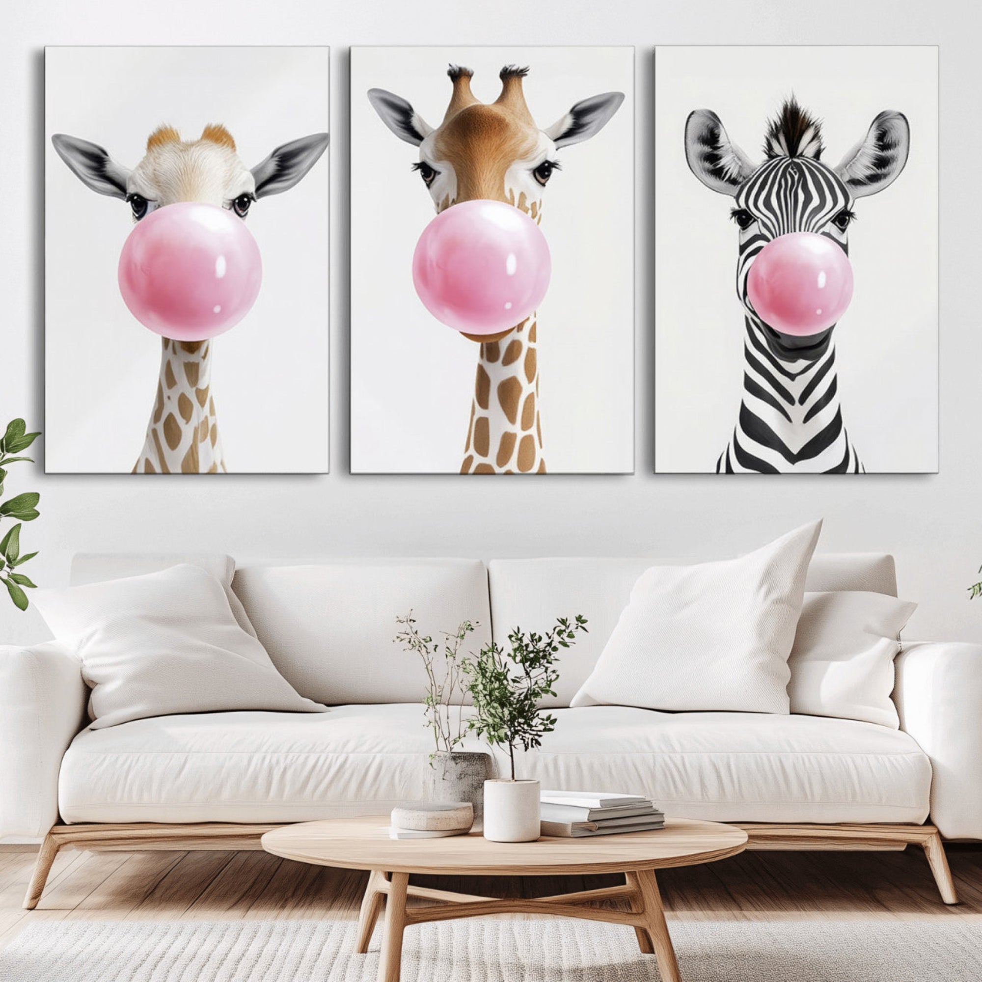 71987-MGV-CV-36X24-Bubblegum Animals Canvas Wall Art - Playful Giraffe and Zebra Trio, Fun Nursery Decor for Kids'