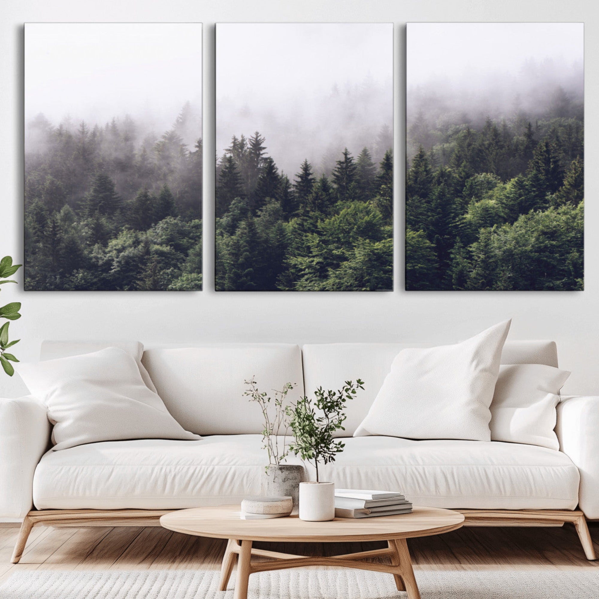 42578900-MGV-CV-36X24-Misty Forest Canvas Wall Art – Serene Triptych Nature Print – Woodland Landscape Decor for Living