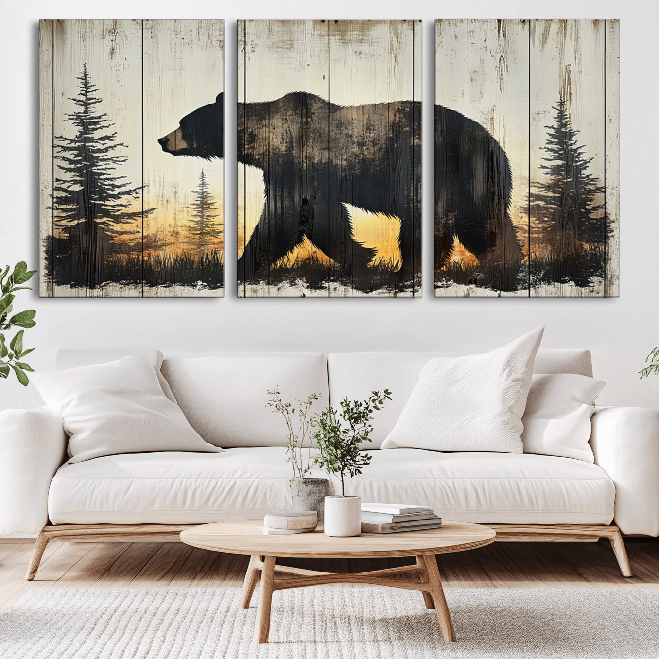 83875-MGV-CV-36X24-Vintage Bear Wall Art Canvas Print for Farmhouse - Mountain Wood Canvas Wall Art - Forest Silhouette
