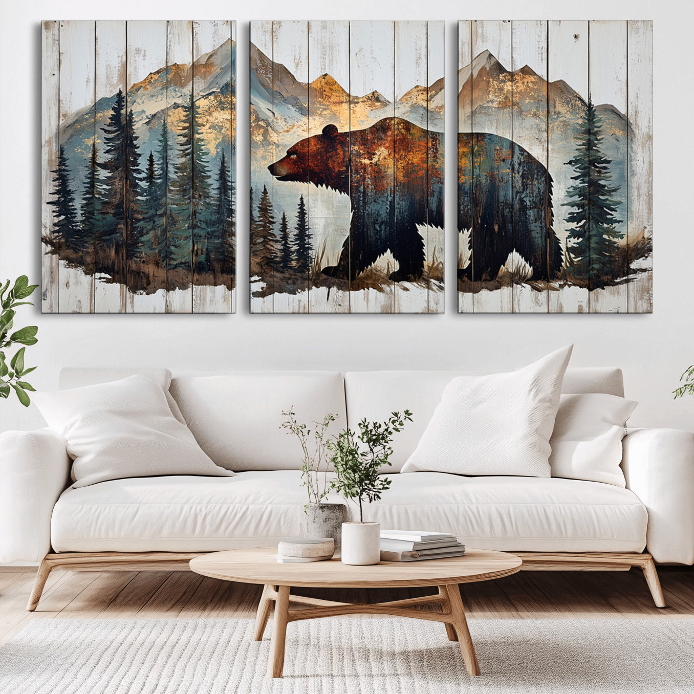 -Rustic Grizzly 399 Bear and Mountain Wood Canvas Wall Art - Framed Nature Artwork with Forest