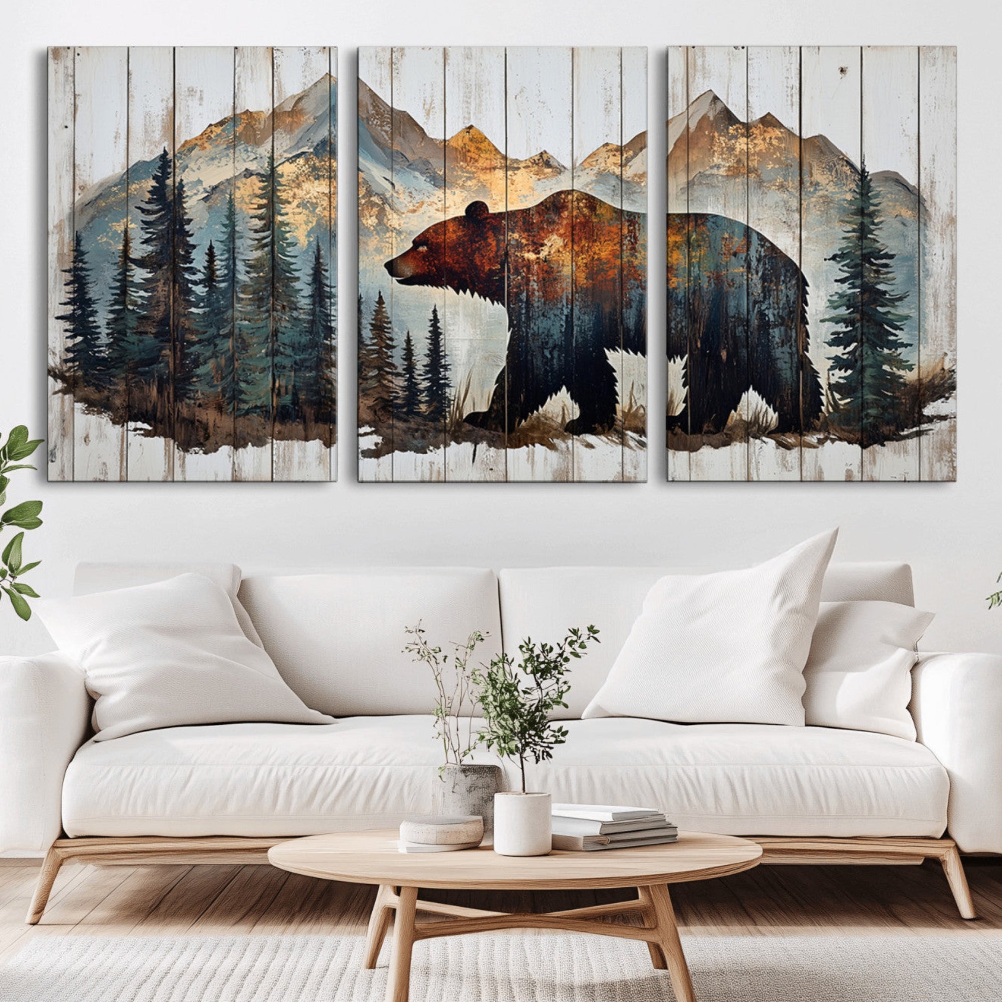 55777-MGV-CV-36X24-Rustic Grizzly 399 Bear and Mountain Wood Canvas Wall Art - Framed Nature Artwork with Forest