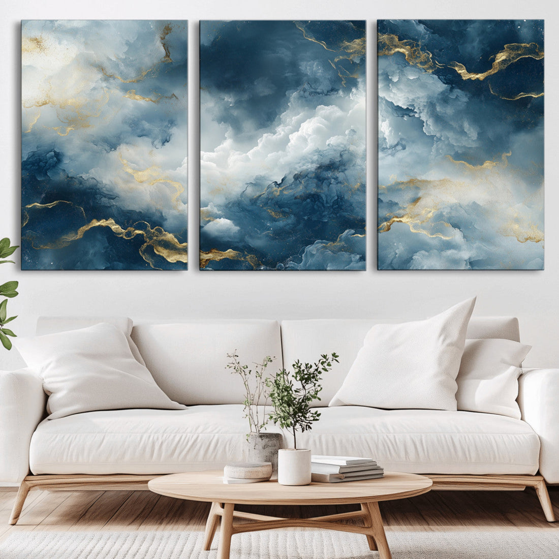 Large Abstract Print - Luxe Blue and Gold Abstract Canvas Wall Art - Bold Cloudscape