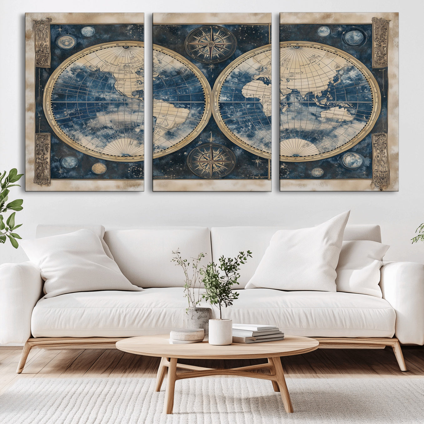 -Framed Vintage Blue World Map Canvas Print – Antique Double Hemisphere Wall Art for Home and Office Decor, Classic Explorer Map Artwork