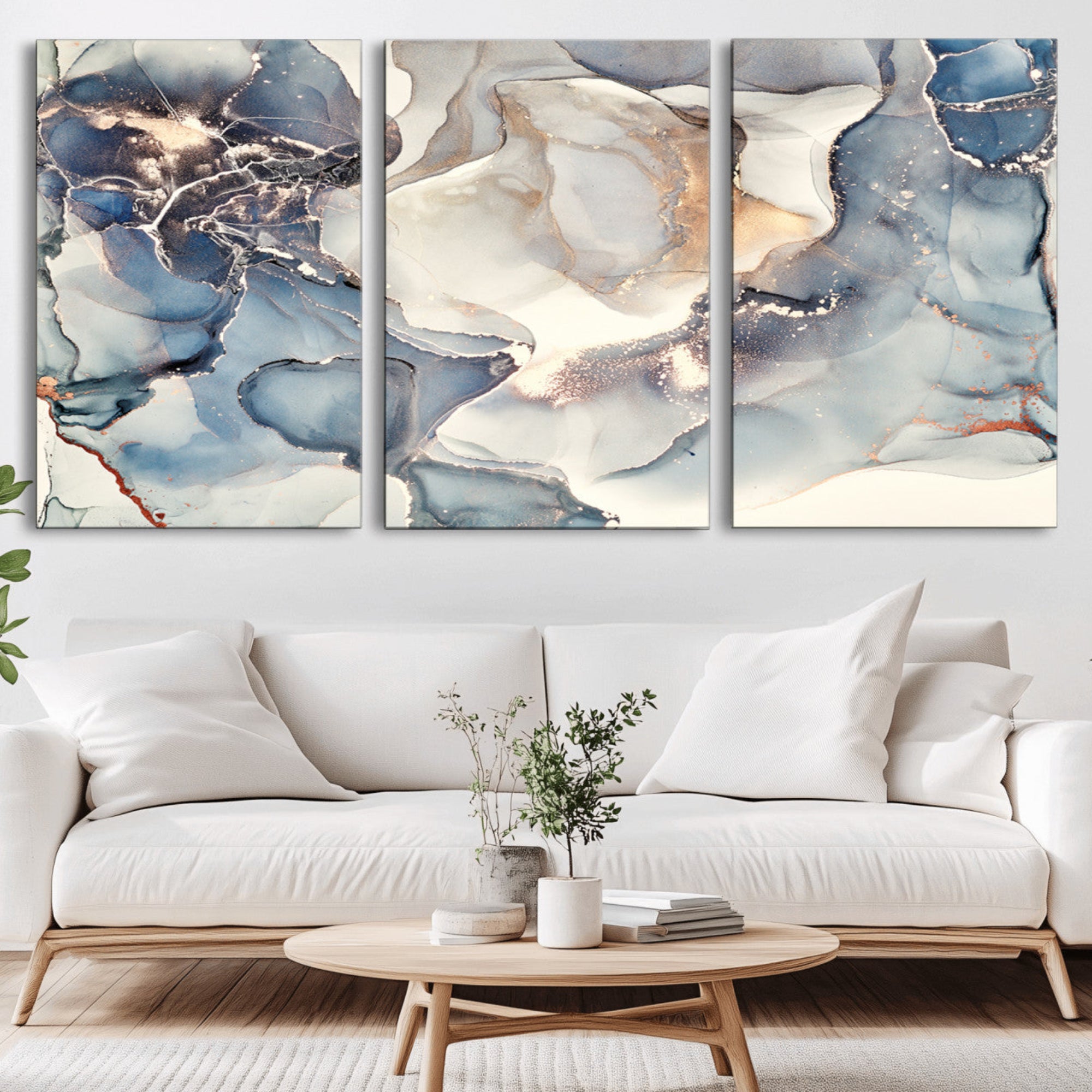 51497-MGV-CV-36X24-Abstract Blue and Gold Canvas Wall Art - Fluid Modern Ink Artwork - Modern Luxury Wall Decor for