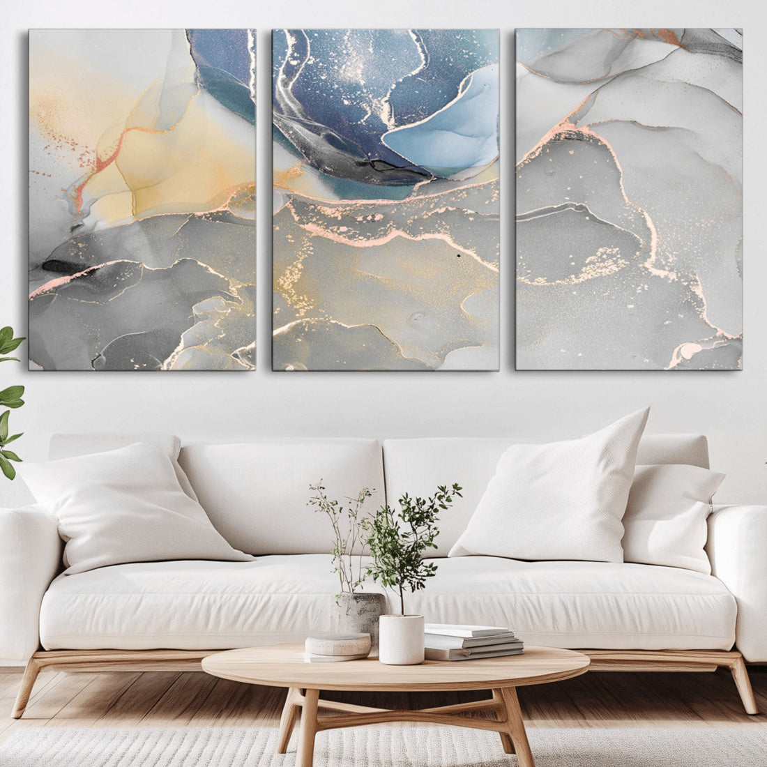 Large Abstract Blue and Gold Canvas Wall Art | Fluid Ink Artwork Print | Luxury Wall Decor
