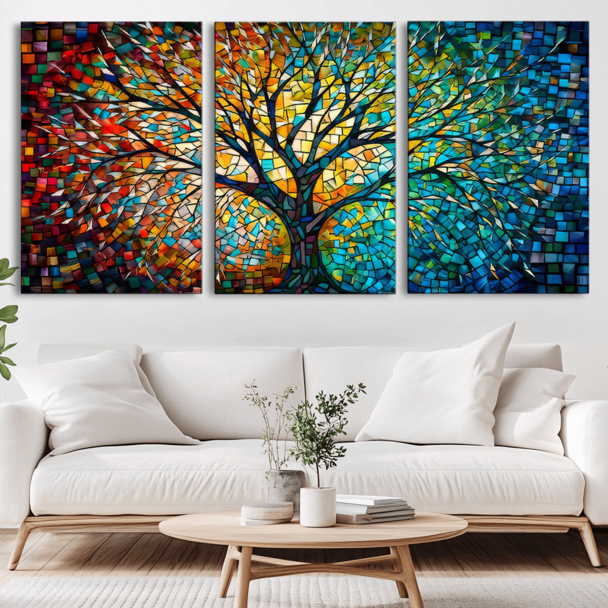 99325-MGV-CV-36X24-Yggdrasil Tree of Life Wall Art Print Canvas | Mosaic Style 3-Panel Canvas Print