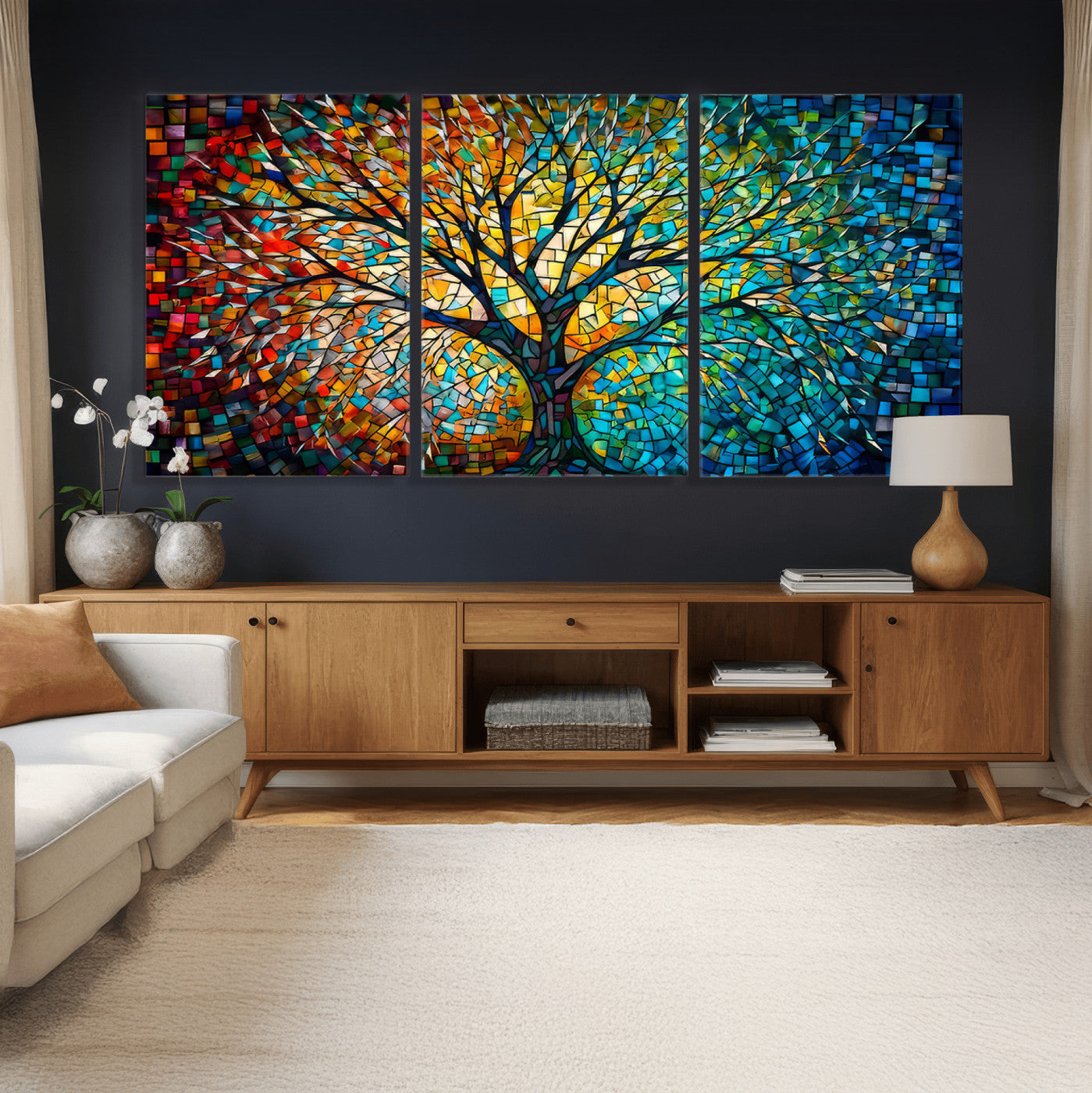 99325-MGV-CV-36X24 - Yggdrasil Tree of Life Wall Art Print Canvas | Mosaic Style 3-Panel Canvas Print