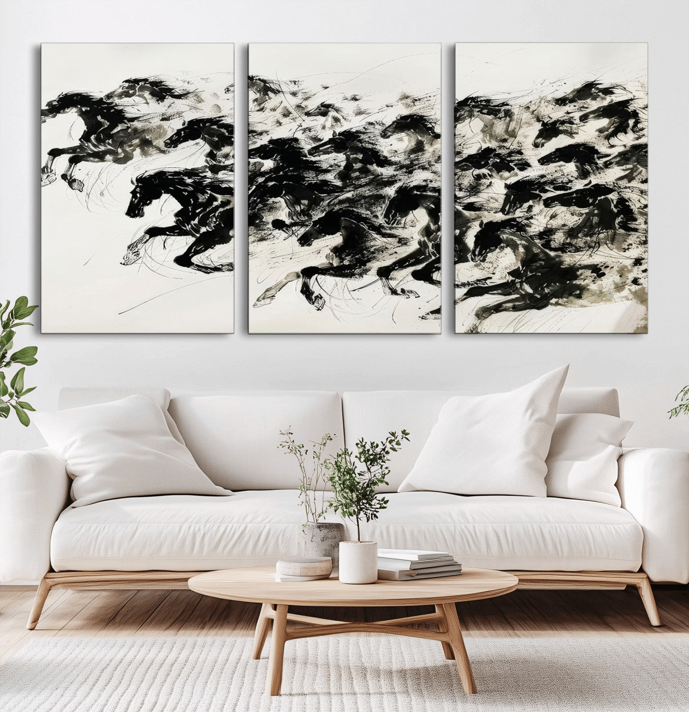 MGV-CV-60X30-3P - Abstract Horse Wall Art Canvas Print - Dynamic Black Ink Horse Print - Modern Equine Wall Decor for