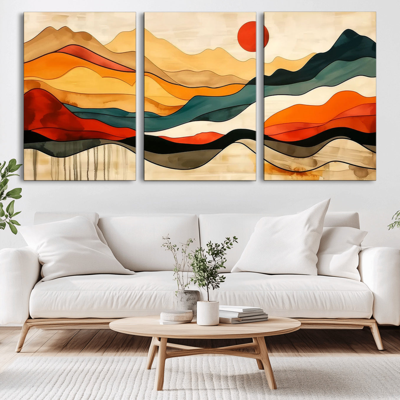 A vibrant abstract landscape featuring layered hills in rich earth tones with a striking red sun, evoking warmth and movement in a minimalist style.
