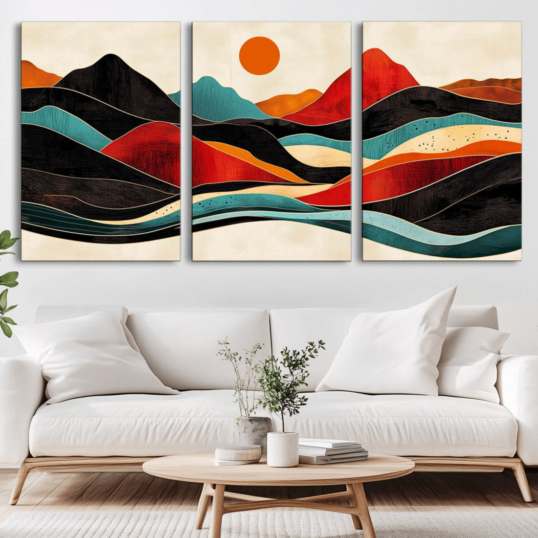 Western Wall Decor, Large Triptych Mountain Canvas, Boho Woodland Wall Art Print