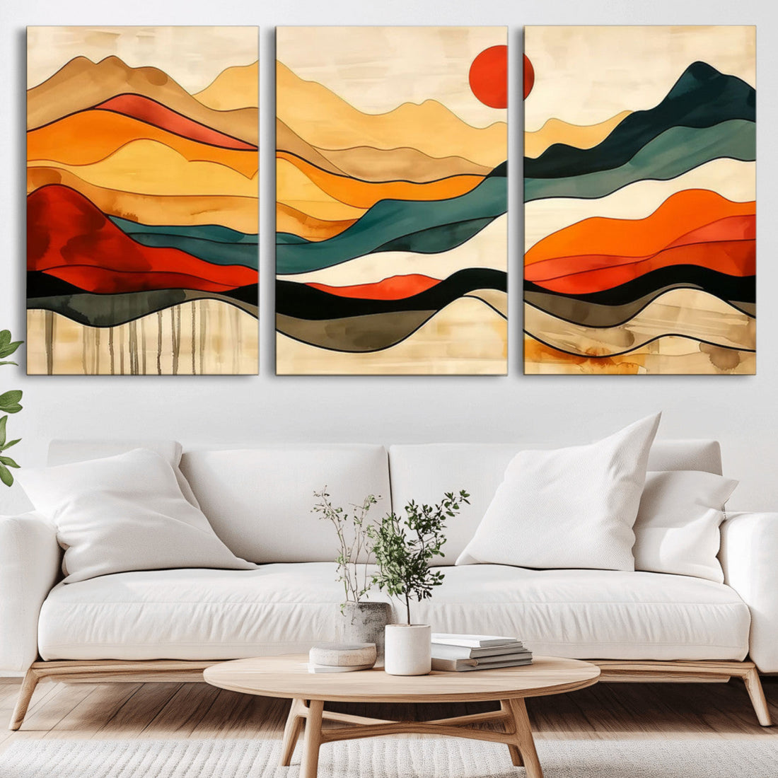 Mid Century Wall Art Print, Abstract Woodland Mountain Print, Panoramic Modern Art