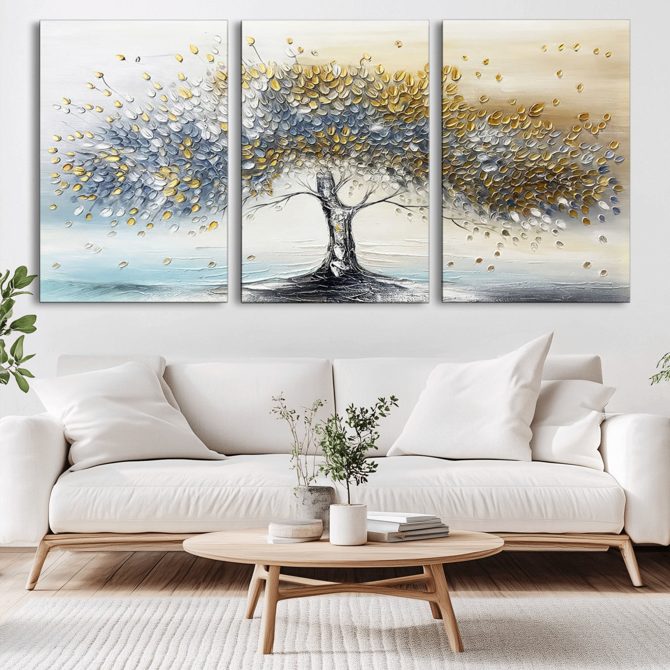 An elegant impasto painting featuring a tree with shimmering silver and gold leaves, blending soft pastels to create a calm and sophisticated atmosphere.