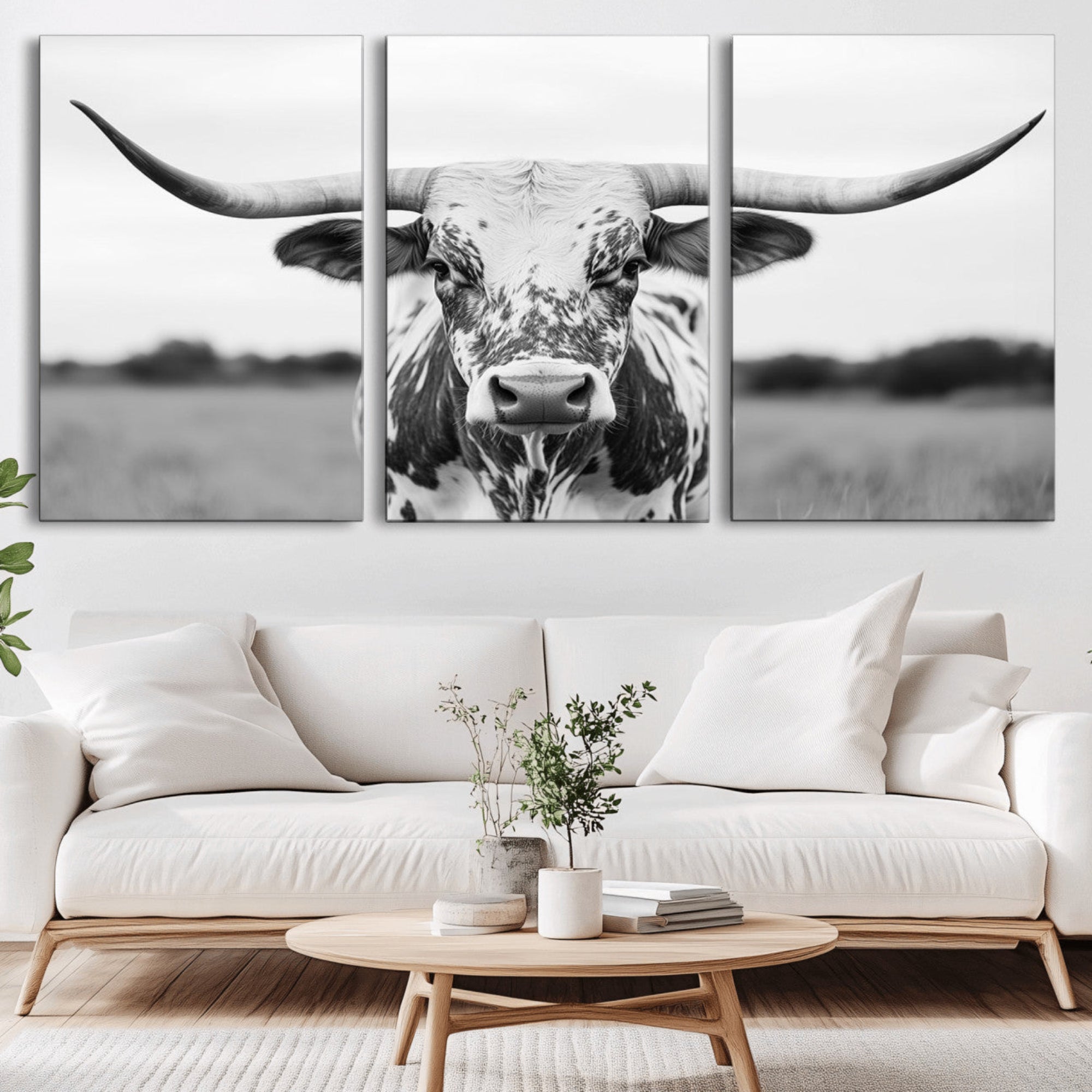 20272-MGV-CV-36X24-Highland Cow Wall Art - Black and White Western Longhorn Canvas Print - Farmhouse Living Room Decor