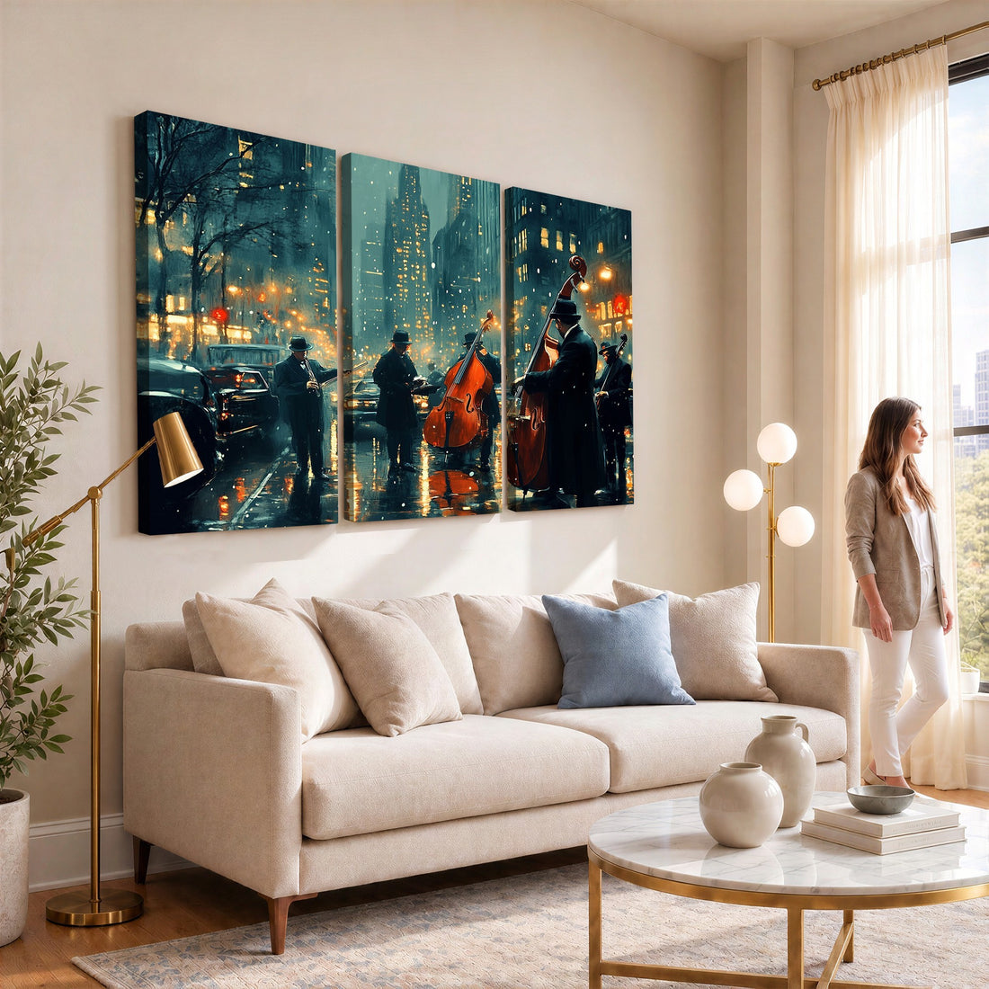 Urban Night Jazz Wall Art Canvas Print | Moody Rain Soaked City Street Band Scene